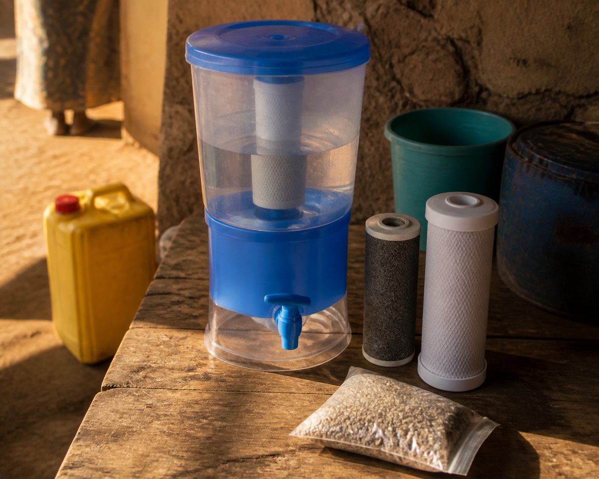 Reusable water filter with related small tools and materials nearby